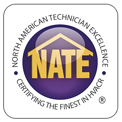 NATE logo with a purple circle and yellow letters under a roof shape. Text around the circle reads: North American Technician Excellence, Certifying the Finest in HVACR.